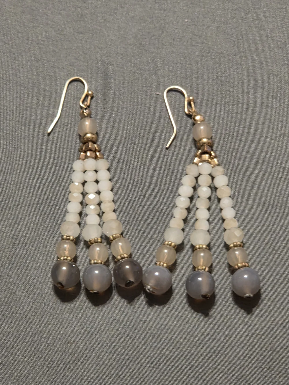 Handmade White and Gray Beaded Dangle Earrings
